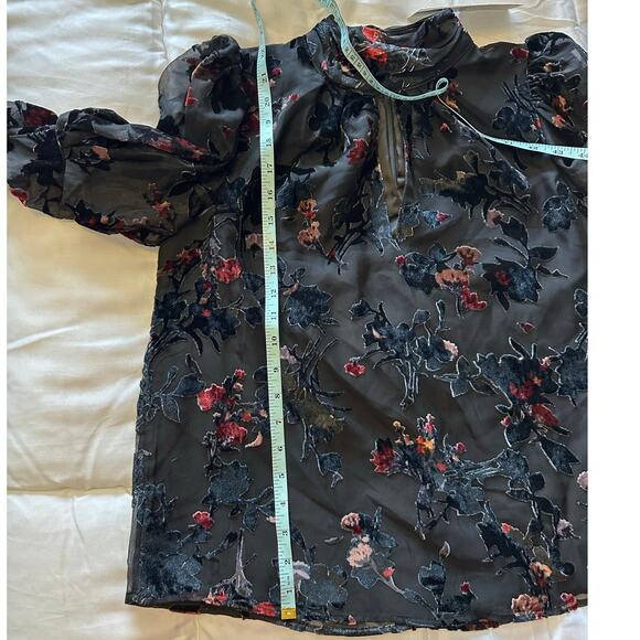 Black Floral Velvet Burnout Sheer Mock Neck Blouse Top - Picture 7 of 9